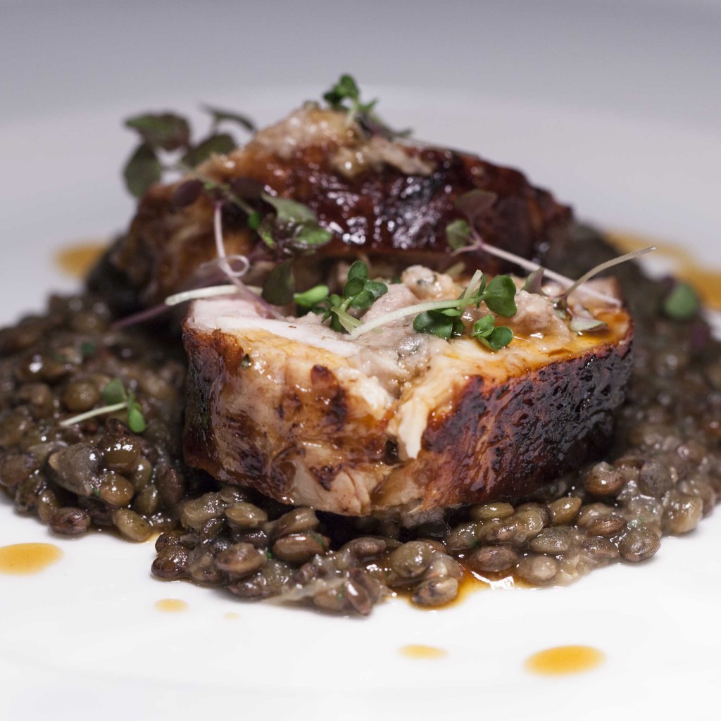 Rabbit loin with sage and rosemary, braised lentils Manfredi