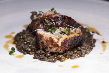 Rabbit loin with sage and rosemary, braised lentils