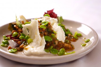 Salad of Buffalo Mozzarella and broad beans with walnut salsa