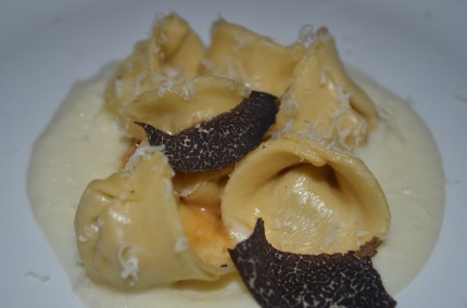 Ricotta Raviolo, Cauliflower Cream and Black Truffles